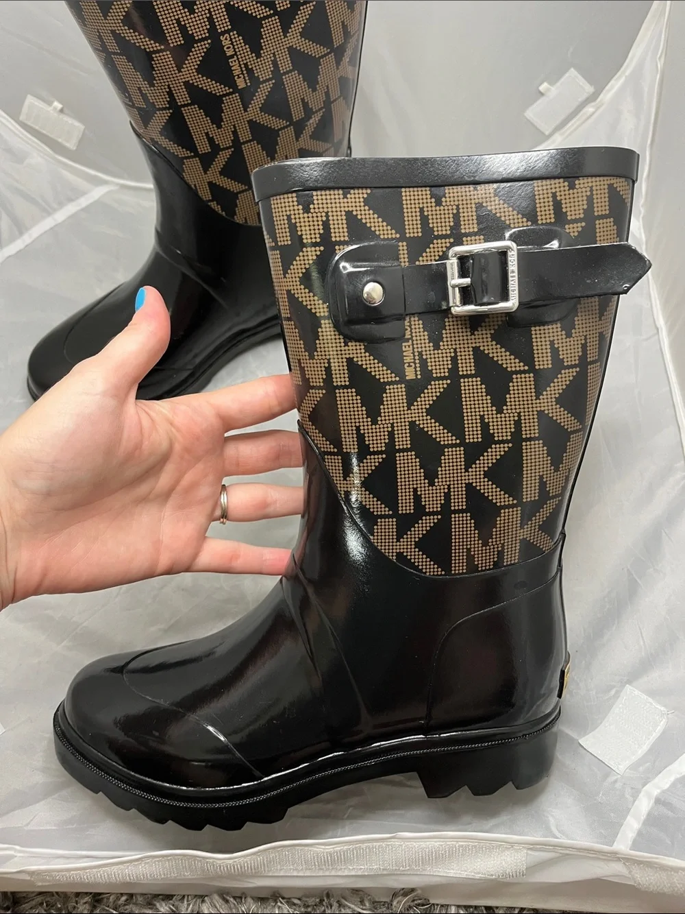 Michael Kors Signature MK Logo Rain Boots with Side Buckle - Size 6
